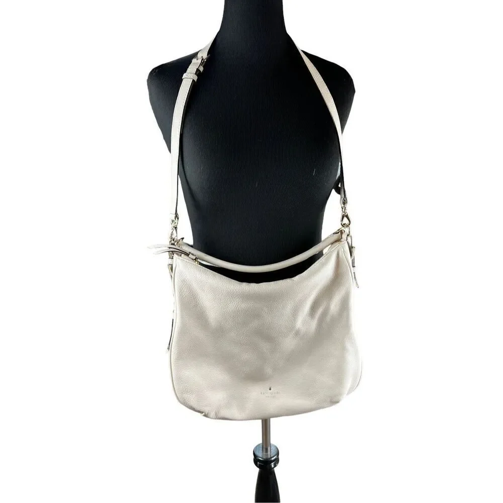 Kate spade ivory pebble leather hobo crossbody bag purse expandable zipper